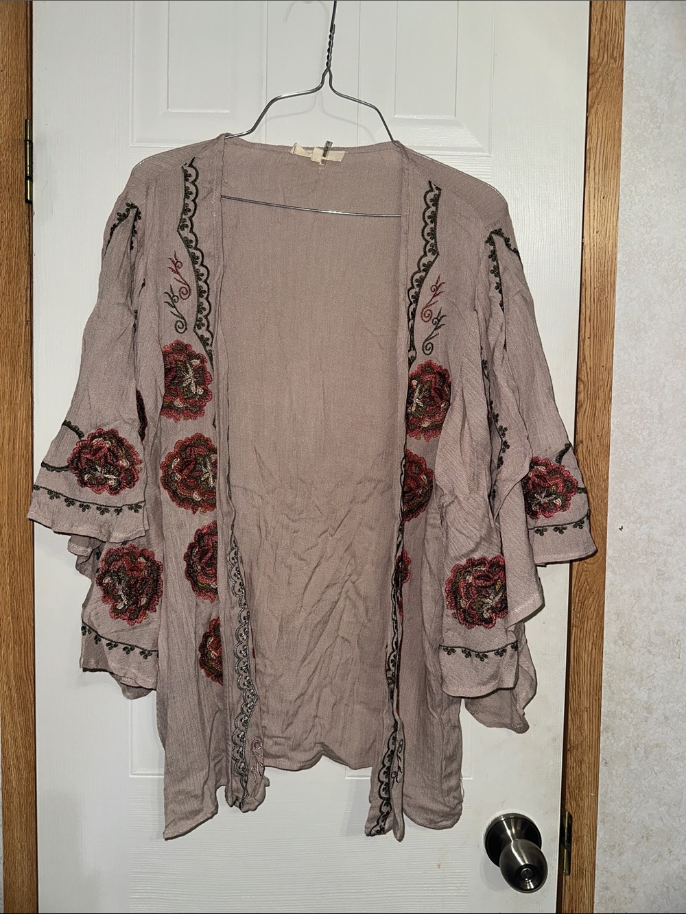 Embroidered Open Front Floral Kimono Cardigan - Dusty Mauve